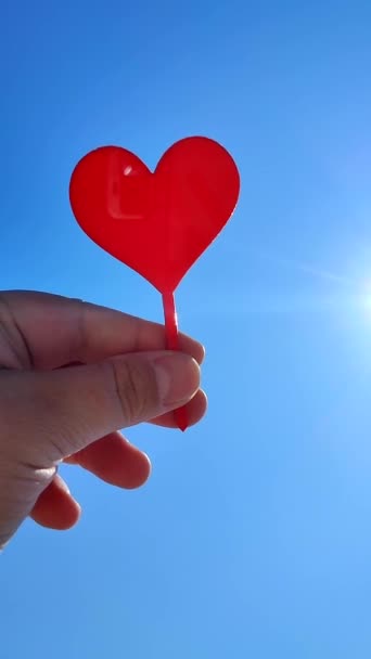 Elinde Çubuk Tutan Kişi Elinde Kırmızı Bir Kalple Güneşli Yaz — Stok video