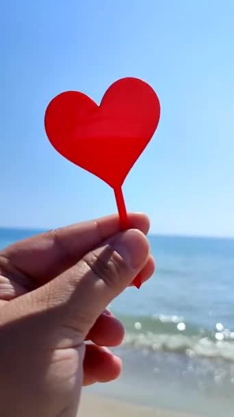 人们手牵着手 在海浪和海浪的背景下呈红心状 在阳光明媚的夏日 在海滨的蓝天紧密相连 情人节 浪漫的概念情人节 浪漫的概念 — 图库视频影像