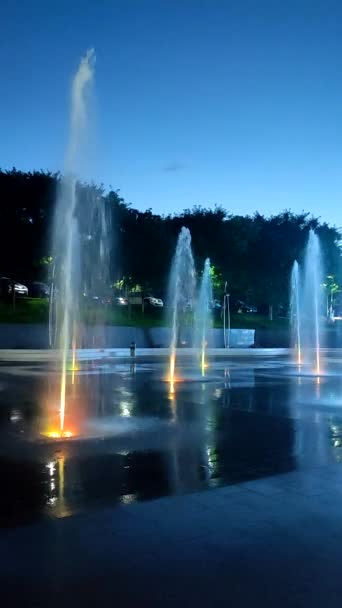 Fußgänger Brunnen Der Nachts Von Bunten Lichtern Beleuchtet Wird Große — Stockvideo