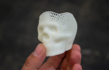 Elinde erimiş beyaz plastikten yapılmış insan kafatasının küçük prototipini tutan kişi. Üç boyutlu model. Katkı sağlayan ilerici tıbbi teknoloji. Modern yeni baskı endüstrisi.