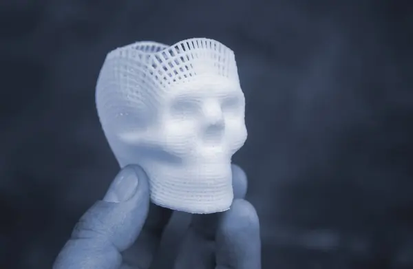 stock image Person holding in fingers of hand small prototype of human skull 3D printed from molten white plastic. Three-dimensional model. Additive progressive medical technology. Modern new printing industry.