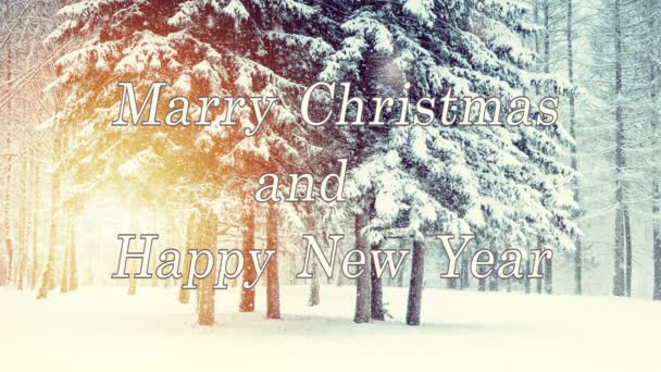 圣诞快乐 新年快乐 信上写着白色米色图案 云杉松树被雪覆盖 雪花飘落使雪花飘落 循环无缝动画文本背景 — 图库视频影像