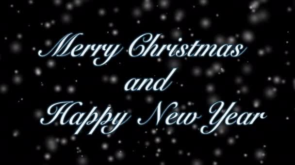メリークリスマスとハッピーニューイヤーはブラックバックに文字をデザインします 青いボーダーと落ちる白いぼやけの雪の白い文字 スノーストーム シームレスなテキストをループ エレメントアニメーションループ — ストック動画