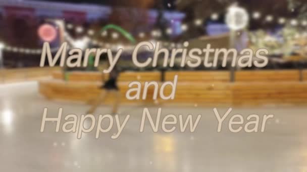 Vrolijk Kerstfeest Gelukkig Nieuwjaar Woorden Letters Ontwerp Wazige Achtergrond Meisje — Stockvideo