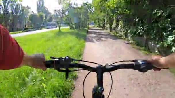 Menina Pessoa Andando Bicicleta Cidade Longo Calçada Solo Entre Arbustos — Vídeo de Stock
