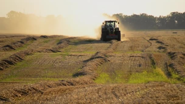 在阳光明媚的夏夜 把收割机从地里压下稻草 做成捆 麦田里堆满了麦粒战场上有很多灰尘 农业农产工业收获工程 — 图库视频影像
