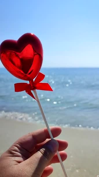 해변과 하늘의 배경에 여자의 심장의 모양의 막대기 발렌타인 사랑에 빠지는 — 비디오
