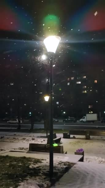 Neve Caindo Lanterna Brilhante Carros Estrada Beco Luz Janelas Edifícios — Vídeo de Stock
