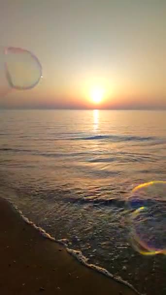 Vliegende Zeepbellen Achtergrond Van Zee Bij Zonsondergang Veel Zeepbellen Tegen — Stockvideo