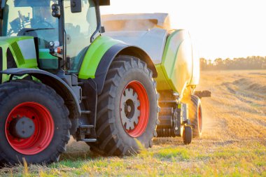 Hasat makinesini tarladan balyaya saman dökerek birleştirin. Güneşli bir yaz akşamı. Buğday balyalarıyla dolu bir tarla. Çok tozlu. Sahada sürücüsü ve büyük tekerlekleri olan bir traktör. Tarım tarımı