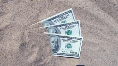 Paranın yarısı kumla kaplıydı ve sahilde yatıyordu. Paralar yere. Kumsalda kumlara gömülü dolar banknotları. Konsept finans, para, para, para, fatura, finans, kazanç, ekonomi
