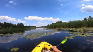 Güneşli bir yaz gününde, beyaz nilüfer çiçekleri arasında nehir boyunca kano yapmak. Nehirde su yüzeyinde yüzen kişi sakin bir günde beyaz bulutları yansıtıyor. Turizm. Aktif yaşam tarzı. POV