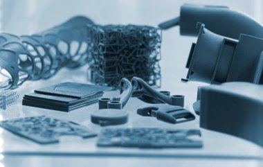 Erimiş plastik tozundan üç boyutlu yazıcıya çeşitli nesneler basılmış. Erimiş siyah poliyamid tozundan 3 boyutlu yazıcıya basılmış farklı bir model. Yeni katkı maddesi 3D baskı Çok Jet Füzyon MJF teknolojisi