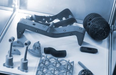 Erimiş plastik tozundan üç boyutlu yazıcıya çeşitli nesneler basılmış. Erimiş gri poliyamid tozundan 3 boyutlu yazıcıya basılmış farklı modeller. Yeni katkı maddesi 3D baskı Çok Jet Füzyon MJF teknolojisi