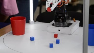 Robot otomatik el küpleri alıyor ve cam takıyor. Otomatik robotik kol, küpün rengini ayırt eder ve aynı renkte cam koyar. Otomasyon, modern teknolojiler. Yapay Zeka