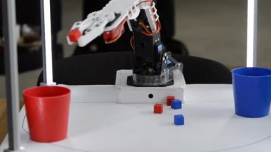 Robot otomatik el küpleri alıyor ve cam takıyor. Otomatik robotik kol, küpün rengini ayırt eder ve aynı renkte cam koyar. Otomasyon, modern teknolojiler. Yapay Zeka