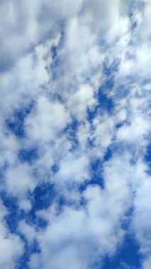 Gün boyunca mavi gökyüzünde beyaz bulutların hızlı hareketi. Alt manzara. Doğa, doğal arka plan. Çevre, iklim değişikliği. Hava, atmosfer. Dikey