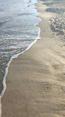 Güneşli bir sonbahar gününde kumlu sahilde beyaz köpüklü deniz dalgaları yuvarlanıyor. Sakin rüzgarsız deniz. Doğa geçmişi. Doğal zemin. Dikey