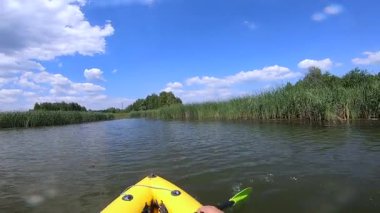 Şişme bir teknede yüzen ve güneşli bir yaz gününde yeşil ağaçlar ve çalılarla küçük bir nehir boyunca kürek çeken kişi. POV kanosu sakin nehirde. Turizm eğlence sektörü