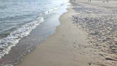 Güneşli bir sonbahar gününde kumlu sahilde beyaz köpüklü deniz dalgaları yuvarlanıyor. Sakin rüzgarsız deniz. Doğa geçmişi. Doğal zemin. Bej beyaz gri mavi renkler