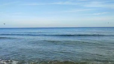 Deniz manzaralı. Deniz manzarası, deniz dalgalarının yüzeyi, üzerinde yüzen beyaz martılar, ufuk çizgisi, güneşli sonbahar gününde beyaz bulutlu mavi gökyüzü. Hiç kimse. Deniz Burnu. Doğa, doğal arkaplan