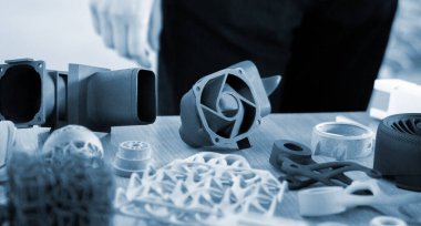 Plastik model 3D yazıcıya yakın plandan basılmış. Polyamide tozundan 3 boyutlu yazıcıda nesneler oluşturuldu. Yeni 3D baskı teknolojisi. Modern katkı sağlayıcı 3D baskı teknolojileri. MJF