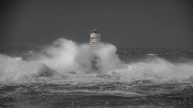 the lighthouse of the mangiabarche in calasetta, in southern sardinia, submerged by the waves of the stormy sea