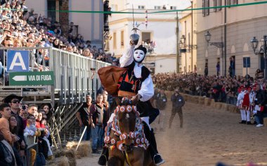 Oristano, ITALY - 21 February 2023- Traditional mask of the horse Sartiglia race,  Su componidori -