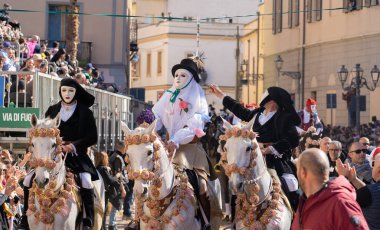 Oristano, ITALY - 21 February 2023- Traditional mask of the horse Sartiglia race,  Su componidori -