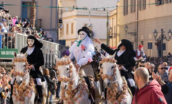 Oristano, ITALY - 21 February 2023- Traditional mask of the horse Sartiglia race,  Su componidori -