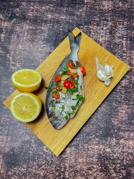 Gilthead Sea Bream Papillote Cherry Tomatoes Garlic Capers Ready Cooking — Stock Photo, Image