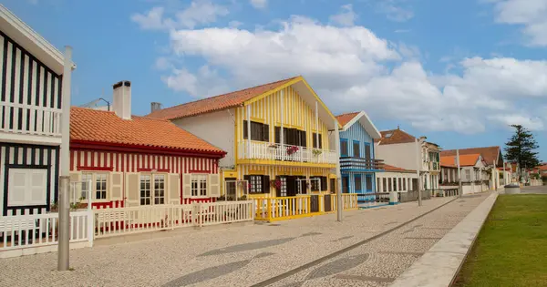 stock image Costa nova Colorful striped fishermen's houses or palheiro in Costa Nova, Aveiro