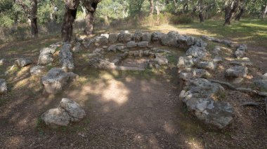 megalithic menhirs arise in the nuragic village pranu muttedu Goni clipart