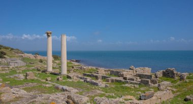 Oristano, Sardinya, İtalya 'daki Kerkouane unesco dünya mirası sahasında antik duvar ve yapıların kalıntıları.