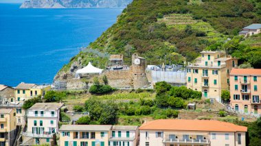 Resimli Riomaggiore limanında parlak renkli evler ve tekneler, Cinque Terre, İtalya