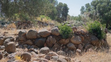 Antik taş Nuraghe harabeleri Güney Sardunya 'da doğayla çevrili.