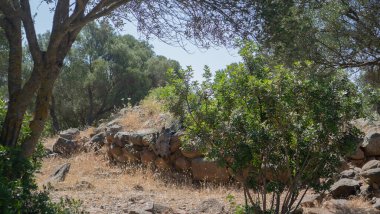 Antik taş Nuraghe harabeleri Güney Sardunya 'da doğayla çevrili.