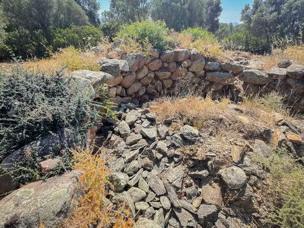 Antik taş Nuraghe harabeleri Güney Sardunya 'da doğayla çevrili.
