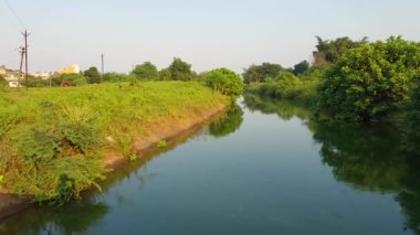 Footage of canal water flowing in green grass and tress beside in india