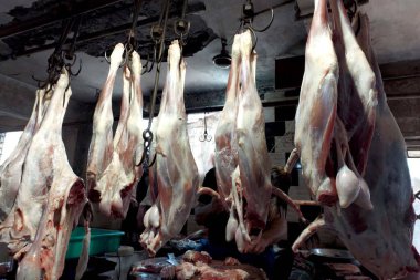 Fresh meat hanging in India meat market