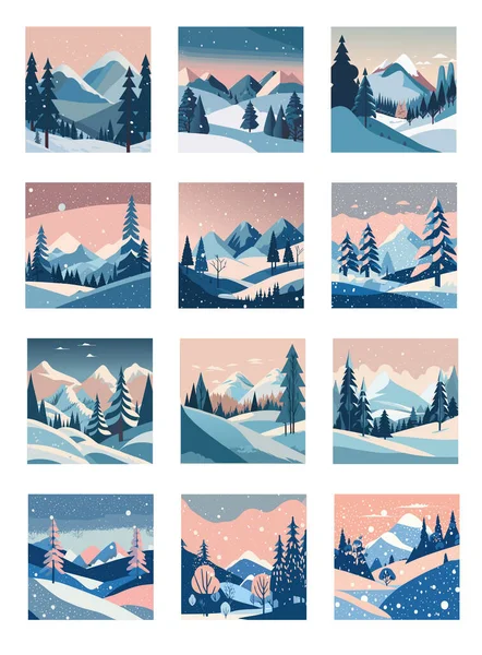 Ağaçlarla, dağlarla, karla, yumuşak pastel renklerle, posterlerle dolu kış manzarası