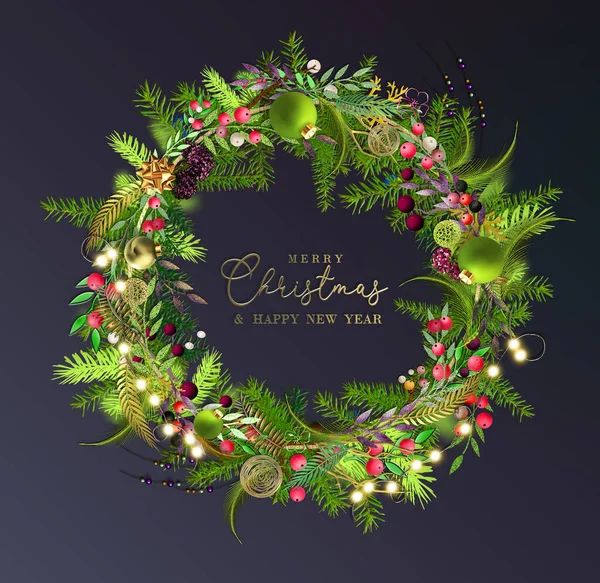 Christmas Card with beautiful colourful wreath with baubles, string of light over dark blue background, gold text Merry Christmas and Happy New year. Square 3D illustration