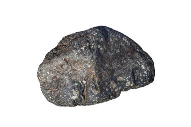 Büyük gri kaya parçası, beyaz bir arkaplanda kesilmiş ve izole edilmiş bir fotoğraf.