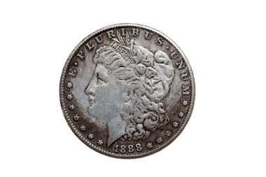 USA One Dollar Morgan Silver Coin kopyasının 1880 tarihli bir kopyası. Üzerinde Özgürlük 'ün portresi var. Png stok fotoğraf dosyası kesilmiş ve şeffaf bir arkaplanda izole edilmiş.