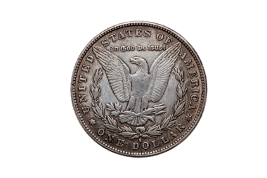 USA One Dollar Morgan Silver Coin kopyasının 1880 tarihli bir kopyası. Tersinde yayılmış bir kartal resmi var. Png stok fotoğraf dosyası kesilmiş ve şeffaf bir arkaplanda izole edilmiş.