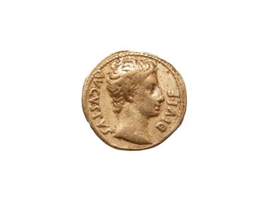 Gold aureus coin of emperor Augustus Roman Empire 27 BC-AD 14, cut out and isolated on a white background, ancient coinage stock photo image clipart