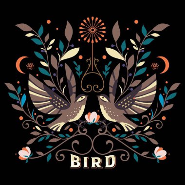 Bitkilerin ve kuşların doğal olarak tasarlanmış vektör dekorasyonu, etraflarında bitkilerle süslenmiş uçan kuşların çizimleri. düz biçim tasarımı