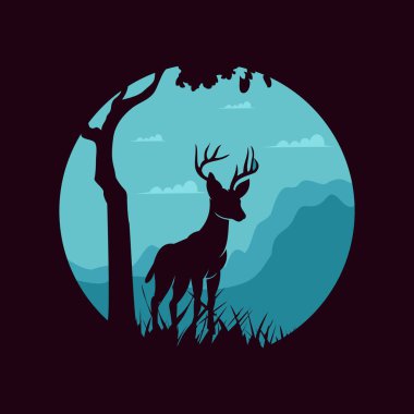 Düz dizaynlı ve ağaçlı geyik silueti.
