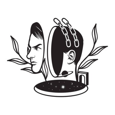  Modern heykel ve heykel, gerçeküstü geometrik şekiller, kablo çerçevesi, siber punk elementleri ve perspektif şebekeleri. Moda psikedelik tekno tarzında soyut vektör illüstrasyonu.