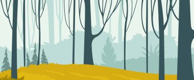 Gölgeli ağaçlar ve güneşli bölgede yeşillik olan ormandaki vektör sahnesi, güzel bir bahçe arka planı.